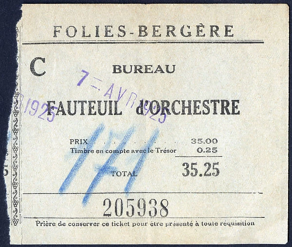Ticket stub from the Folies Bergere, Paris, France