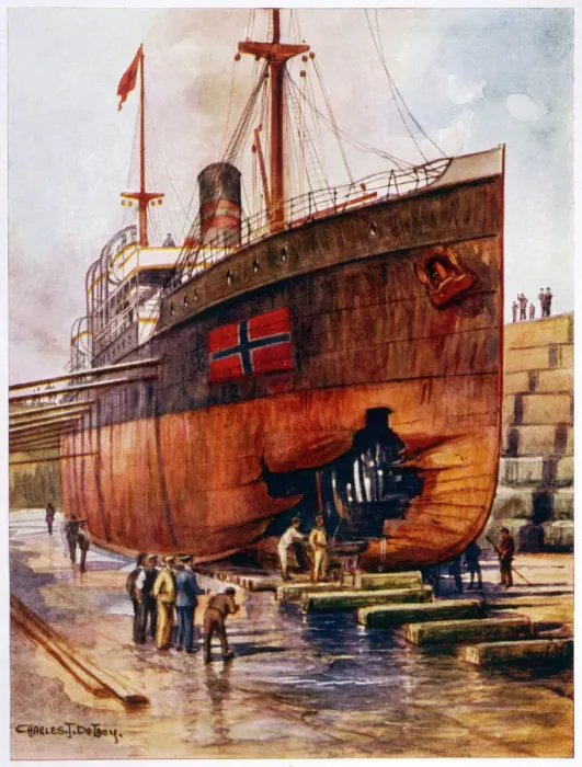 Framed Print : Torpedoed Ship in Dock Print Framed Print : Torpedoed Ship in Dock Print