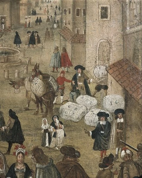 Trade scene in a city (16th c. ). Painting. ITALY
