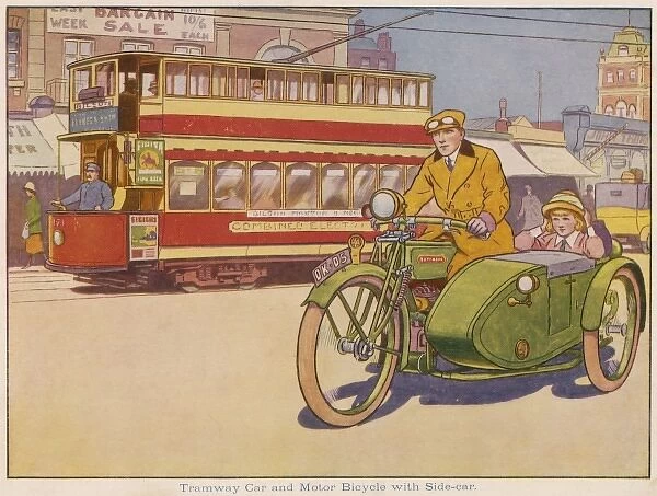 Tramway car and motor bicycle with side-car