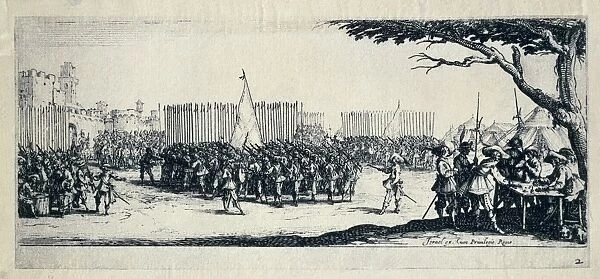 Troop recruitment. Engraving from The miseries