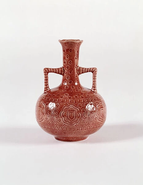 Vase. Twin-handled glazed earthenware vase, stamped on the base with the makers mark BF