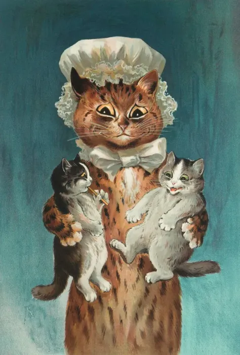 Framed Print : Twins by Louis Wain - Feline Mother and Kittens Print