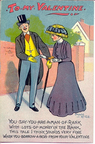 Valentine postcard, Man borrows money from his girlfriend Date: 20th century