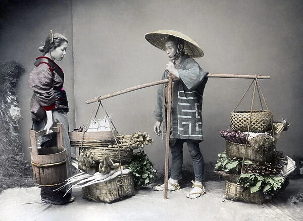 Vegetable seller, Japan, circa 1890. Date: circa 1890