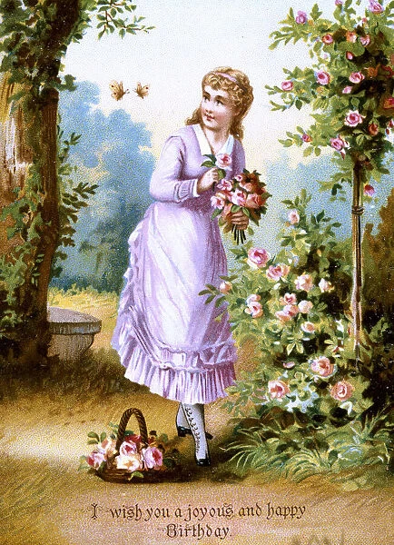 Victorian silk birthday card, Girl picking Roses