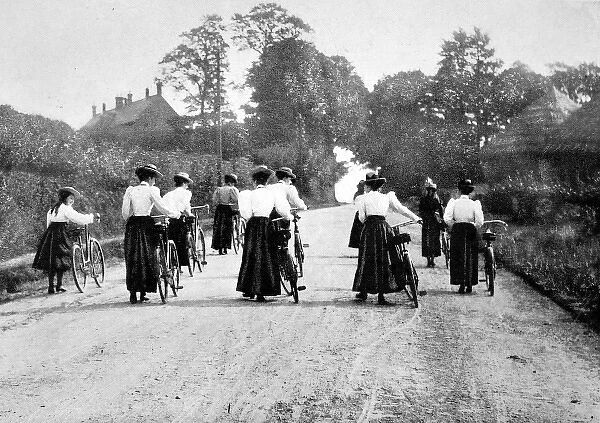 Victorian Women Cyclists Pushing their Bicycles, c. 1898