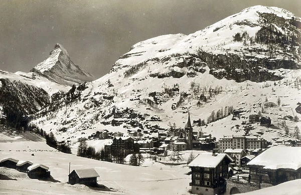 View of Matterhorn, Zermatt, Switzerland, snow-covered scene. Date: circa late 1930s