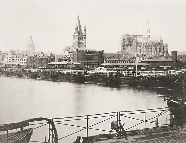 Vintage 19th century photograph: bridge of boats, pontoon bridge, River Rhine, Cologne