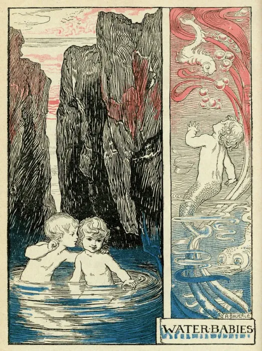 Framed Print : Water Babies Print - Two Children and a Merboy Framed Print : Water Babies Print - Two Children and a Merboy