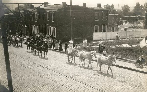 White circus horses parrading down a city street in America