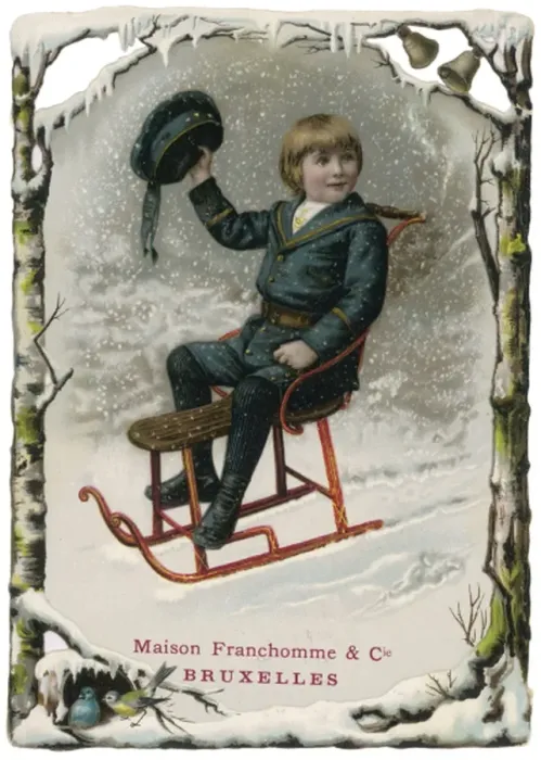 Framed Print : Print of a boy sliding on a sledge in winter Framed Print : Print of a boy sliding on a sledge in winter