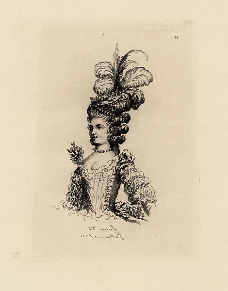 Woman in fashionable hat with feathers and ringlets