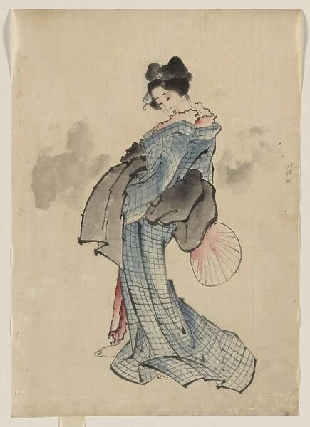 Woman, full-length portrait, standing, facing left, holding