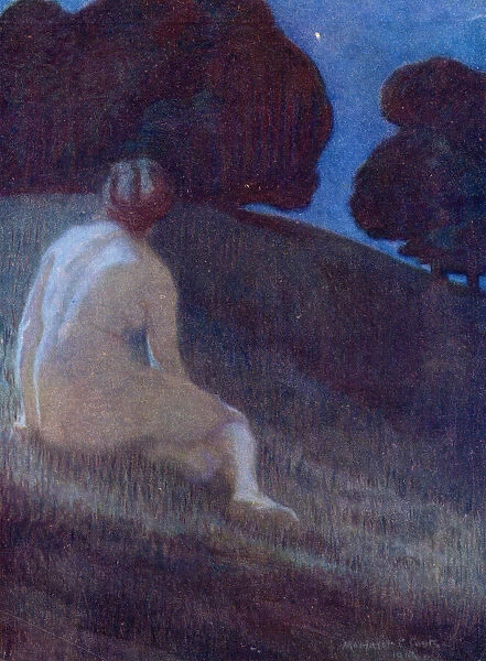 A woman meditates on a tree- covered hill at night Date: 1913