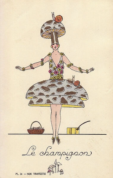 Woman in mushroom fancy dress costume, le champignon