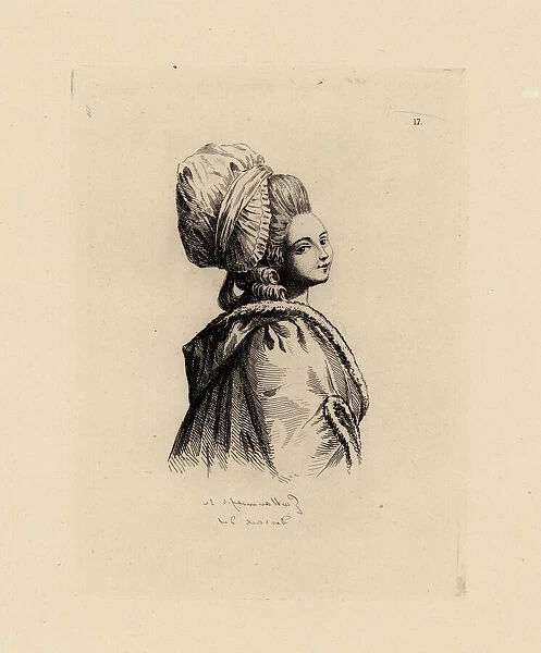 Woman in pouf hairstyle and bonnet, era of Marie Antoinette