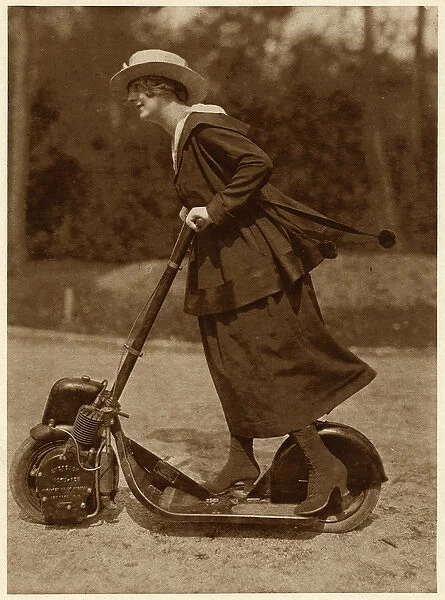 Woman riding a motorised scooter, WW1