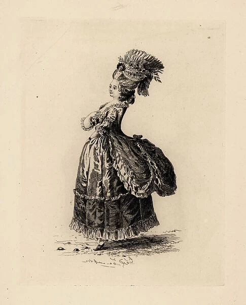 Woman in satin dress a la Polonaise, era of Marie Antoinette