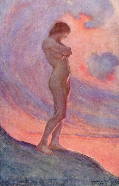 A woman stands on a hill, meditating, at dawn Date: 1913