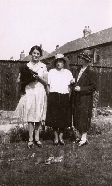 Three women with a dog and tortoises in a garden
