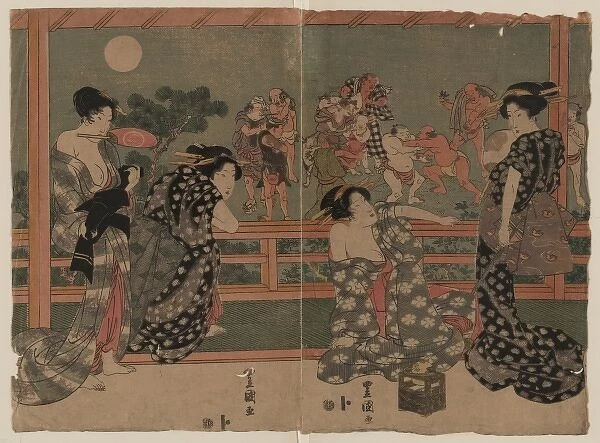 Women watching a sumo match under a full moon
