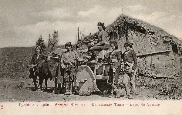Workmen and their wagon from Guria, Georgia - Solid wheels