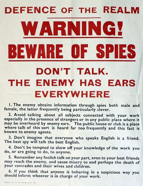 WW2 poster, Beware of Spies