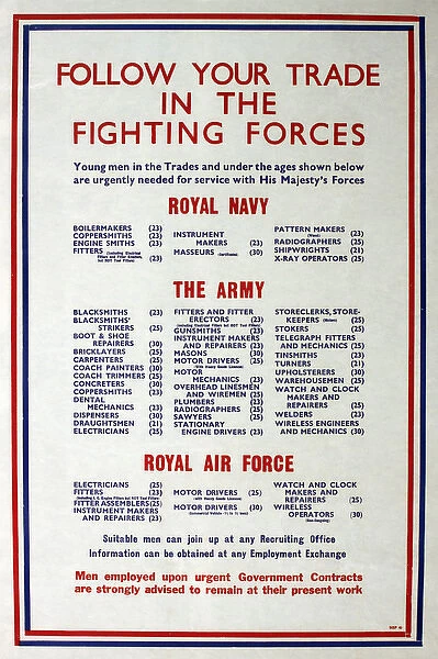 WW2 poster, Follow your trade in the fighting forces