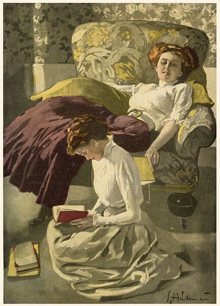 Two young women at home, relaxing and reading their books. Date: 1910