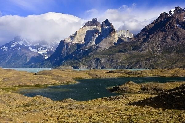 Cuernos del Paine - mountain scenery encompassing the granite peaks of the Cuernos del Paine massif, Lago Nordenskjold and Lago Pehoe in the back ground - UNESCO World Heritage Site Torres del Paine National Park - Patagonia - Chile - South