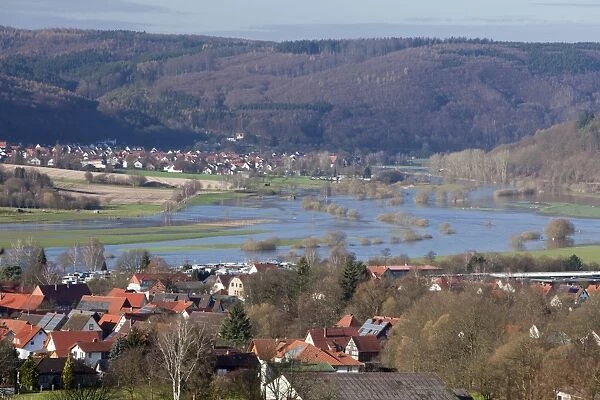 Flooding of River Weser - due to sudden thaw weather in winter - North Hessen - Germany