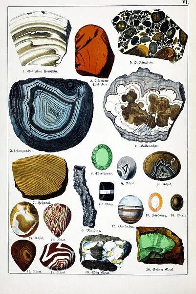 1888 colour lithograph of minerals