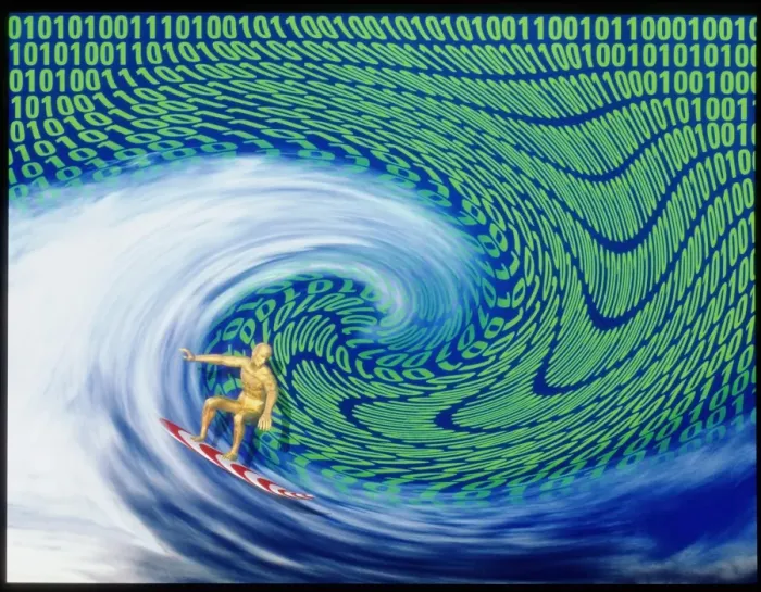 Framed Print : Abstract computer artwork Print: Surfer on Binary Wave Framed Print : Abstract computer artwork Print: Surfer on Binary Wave