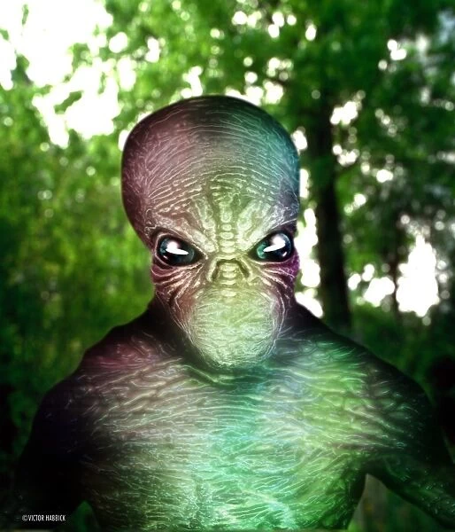 Alien emerging from a forest, computer artwork