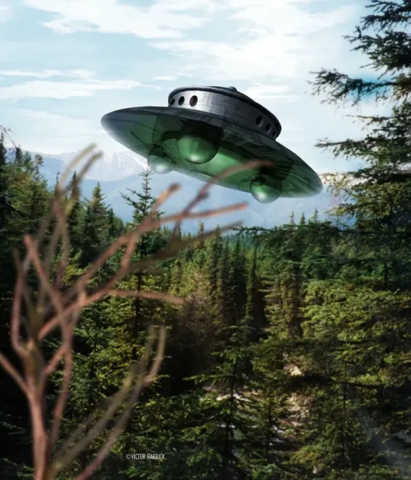 Framed Print : Alien Spaceship Print over a Forest Landscape Framed Print : Alien Spaceship Print over a Forest Landscape