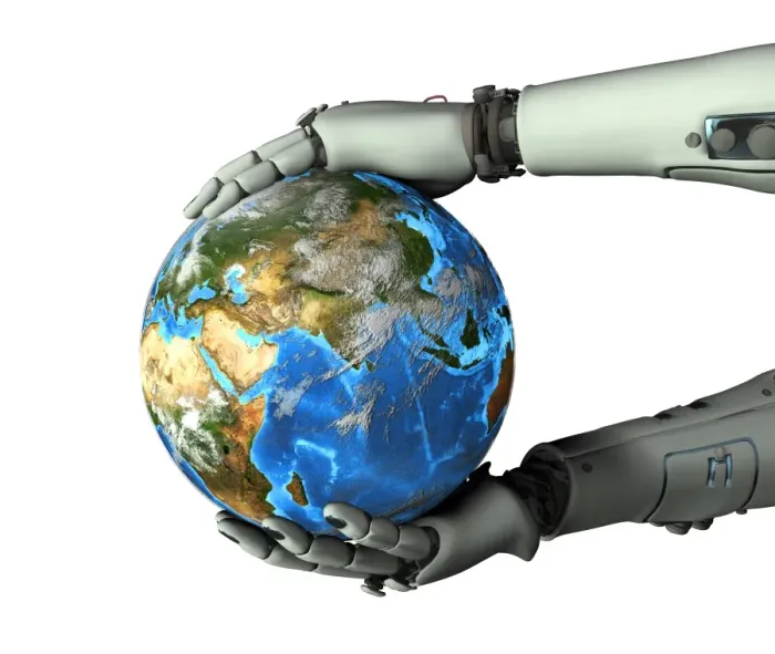 Framed Print : Android Print: Earth Held by Robot Framed Print : Android Print: Earth Held by Robot