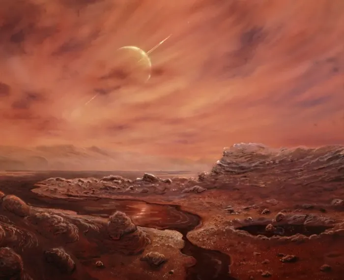 Framed Print : Print of Artists Impression of Titan's Surface Framed Print : Print of Artists Impression of Titan's Surface