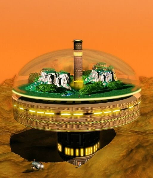 Artwork of futuristic colony on an alien landscape