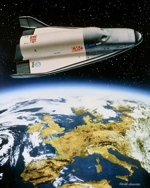 Artwork of Hermes space shuttle orbiting Europe