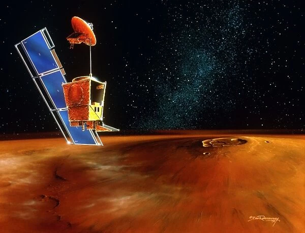 Artwork of the Mars Climate Orbiter orbiting Mars