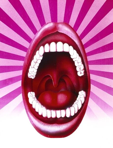 Artwork of open mouth showing set of healthy teeth