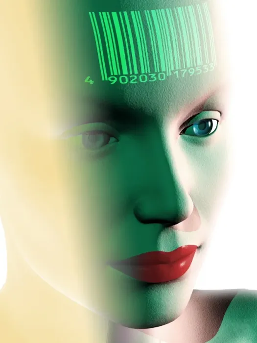 Framed Print : Barcode on a womans forehead Print Framed Print : Barcode on a womans forehead Print