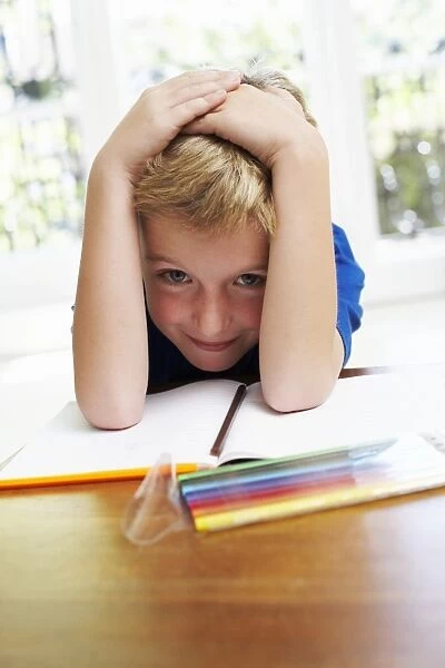 Boy with pens and exercise book