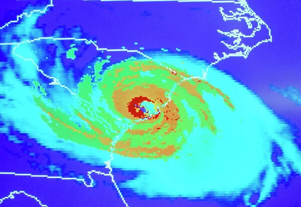 Coloured satellite image of Hurricane Hugo