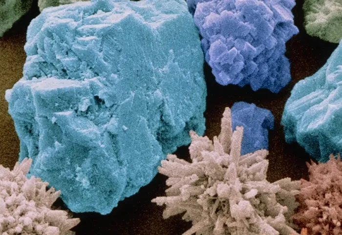 Framed Print : Coloured SEM Print of Toothpaste Abrasive Crystals Framed Print : Coloured SEM Print of Toothpaste Abrasive Crystals