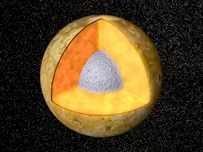 Framed Print : Computer artwork of Io's interior, cut away to show its core and mantle Framed Print : Computer artwork of Io's interior, cut away to show its core and mantle