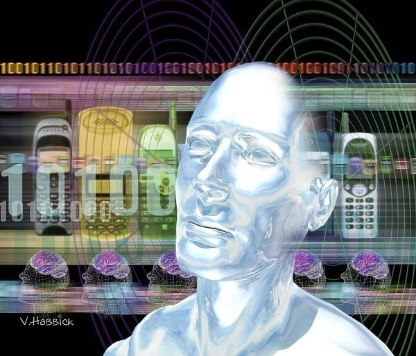 Computer artwork of mans head with mobile phones