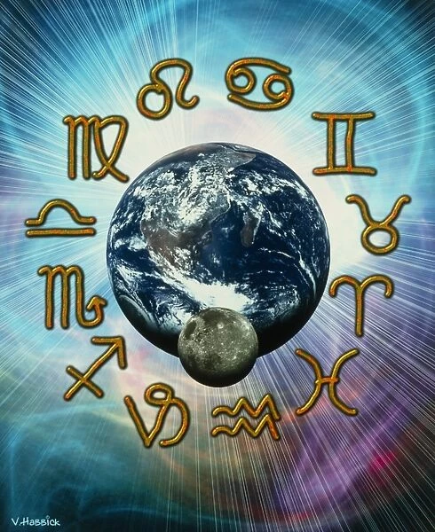 Computer artwork of the zodiac signs around Earth