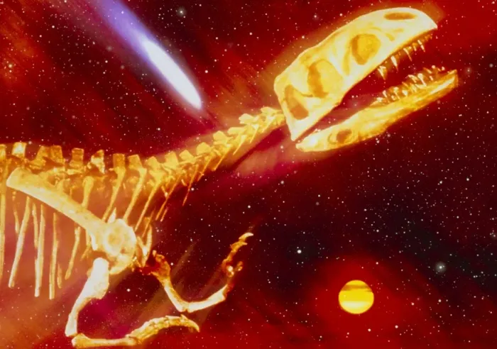 Framed Print : Computer-enhanced image of a dinosaur skeleton amidst falling debris, print Framed Print : Computer-enhanced image of a dinosaur skeleton amidst falling debris, print